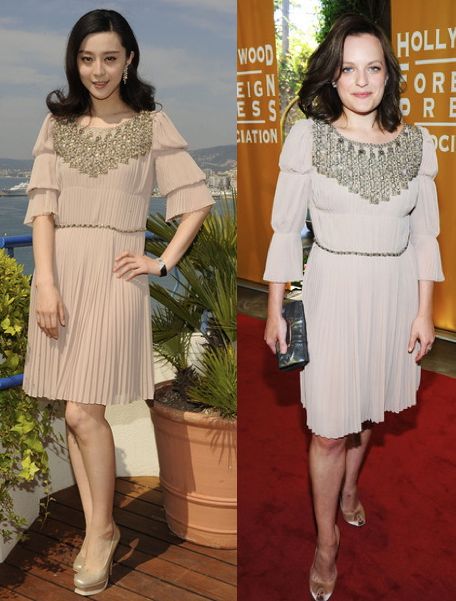 Fan Bing Bing vs Elisabeth Moss in Alberta Ferreti+Nude pleated dress