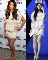 Kate Beckinsale vs Fan Bingbing in Tadashi Shoji+Nude lace tunic dress