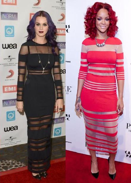 Katy Perry vs Rihanna in Catharine Malandrino+stripey maxi dress