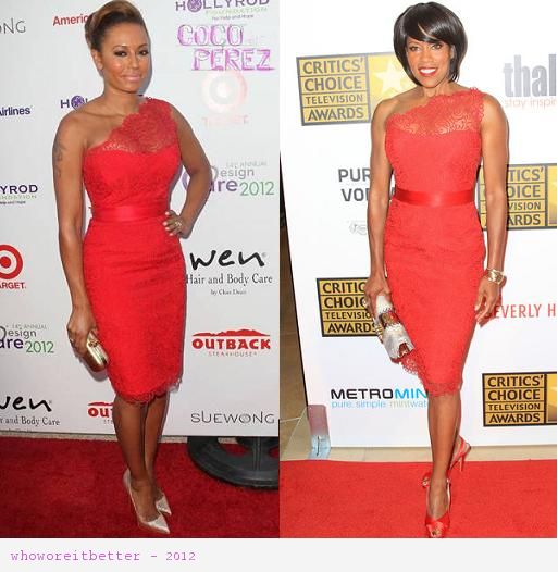 Mel B vs Regina King in Romona Keveza+red one shoulder dress