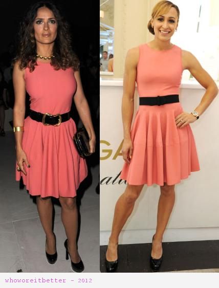 Salma Hayek vs Jessica Ennis in Alexander McQueen+coral skater dress