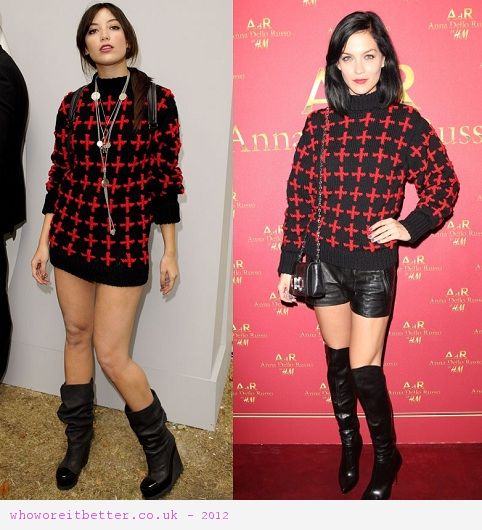 Daisy Lowe vs Leigh Lezark in Topshop Unique + cross print jumper