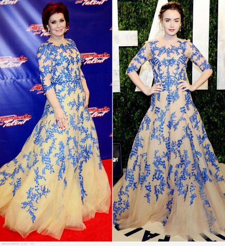 Sharon Osbourne vs Lily Collins in Monique Lhuillier+Nude and blue gown