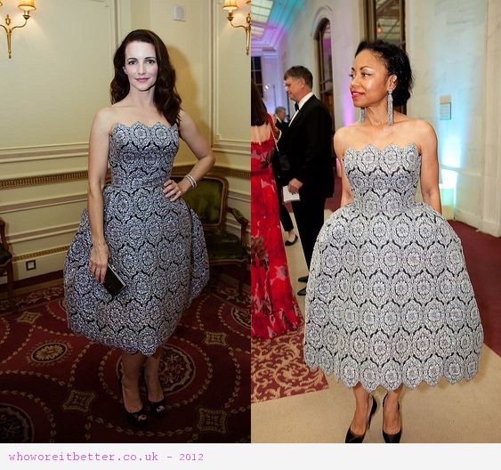 Kristin Davis vs Tanya Powell in Karen Caldwell design + strapless cocktail dress